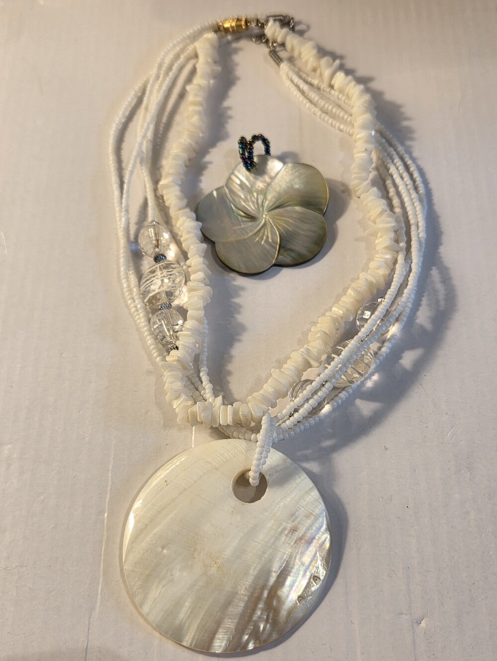 Multi-Strand White Mother-of-Pearl Pendant Necklaces Plus Pendant